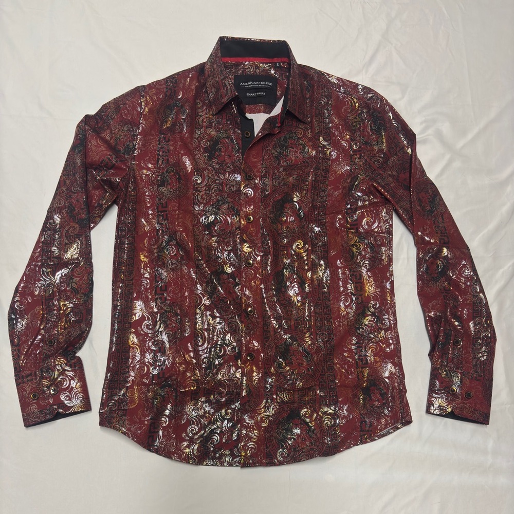 American Breed Men's Metallic Red & Gold Foil Paisley Button Down Shirt - Small